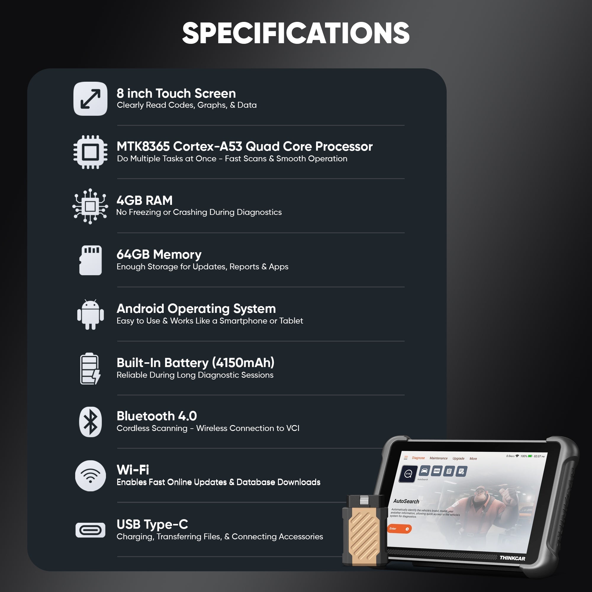 Thinkcar Platinum 191 8-Inch Professional Diagnostic Scanner - Full System OBD2 Scan Tool with Active Test Functions